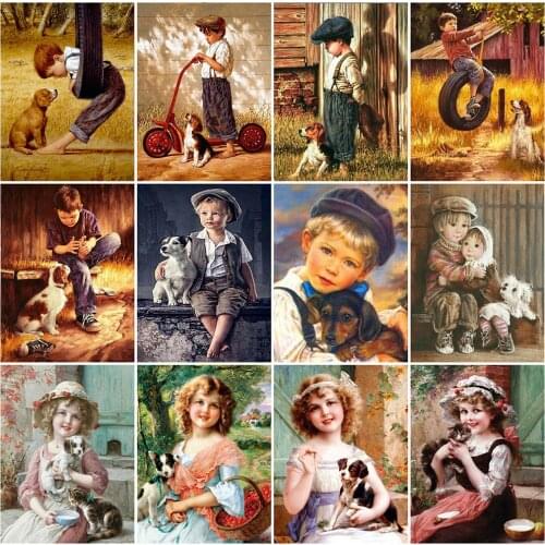 EverShine Diamond Painting Little Boy And Dog Diamond Embroidery Full Square Portrait Girl Picture Of Rhinestones Home Decor