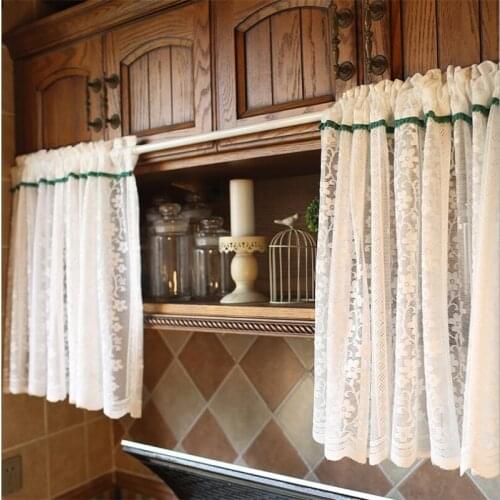 Finished American Style Kitchen Short Curtain White Flower Lace Embroidery Tulle Coffee Curtain Half-curtain for Cabinet Door