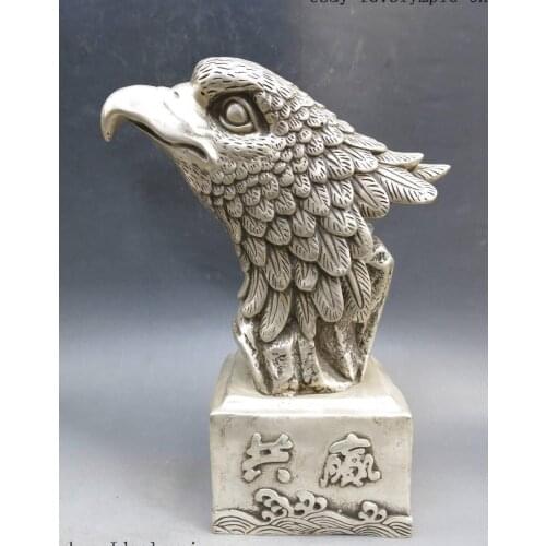 9" China silver Feng Shui good lucky powerful win-win eagle Sculpture Statue