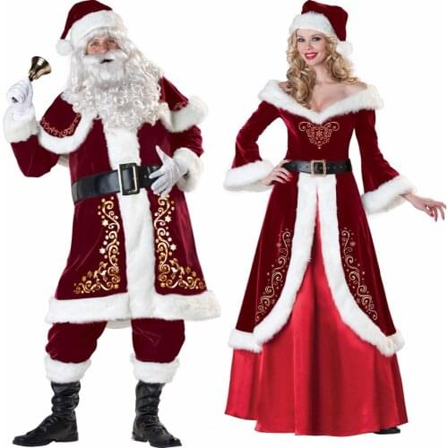 Deluxe Men Women Christmas Costume Cosplay Couple Santa Claus Uniform Holiday