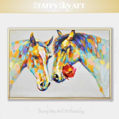 Beautiful Wall Art Hand-painted Fashion Design Lover Horses Oil Painting on Canvas Horse with Rose Oil Painting for Wall Decor