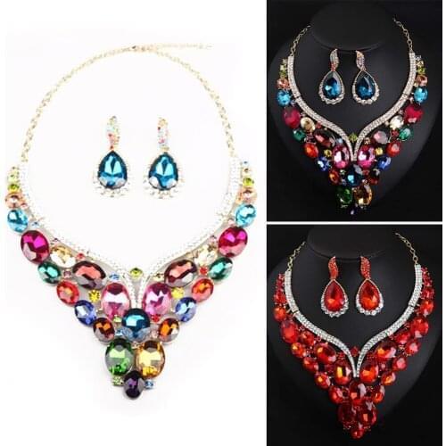 Fashion Women Water Drop Crystal Necklace Earrings Set Jewelry for Women Wedding Bridesmaid Prom Party Dress Accessories Gifts