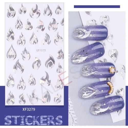 Fashion 5 Pcs/Lot Laser Silver Flame Nail Sticker Manicure blue Fire Design Decoration Self-Adhesive Nail Art Decal Fire Sticker