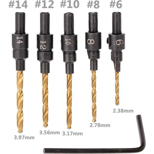 5Pcs 1/4" Round Shank HSS Drill Bit Countersink Wood Drill Bit Set Pilot Holes For Screw Sizes #6 #8 #10 #12 #14