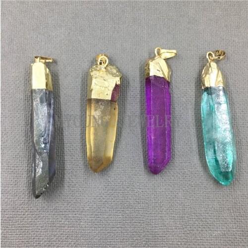 Raw Crystal Quartz Titanium Pillar Point Pendant,Spike Briolettes Gold Electroplated Pendant For Jewelry Making MY1013