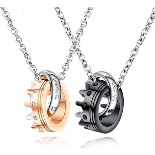 Stainless Steel Rose Gold Black Her King Her Queen Cubic Zirconia Crown Pendant Necklace Jewelry Gift For Lovers