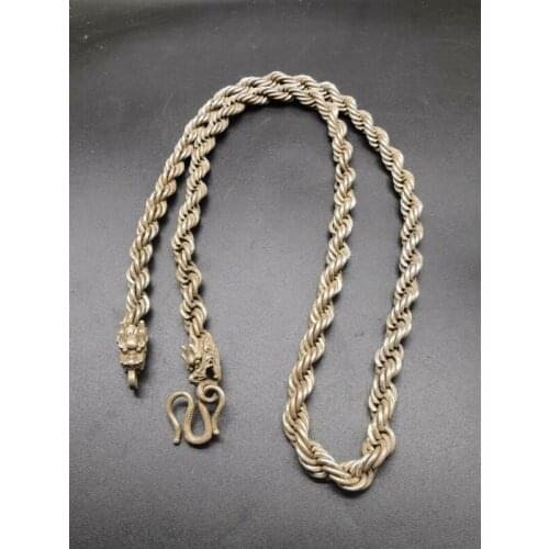 Old Chinese tibet silver handcarved double dragon head necklace