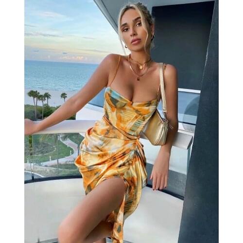Floral Print Pleated Satin Dress Women Spaghetti Strap High Split Holiday Midi Dress Female Summer Party Sexy Beach Dresses