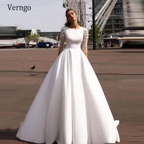 Verngo Luxury Satin Wedding Dress With 2/3 Sleeves Boat Neck 3D Flowers Lace Bridal Gowns Lace Up Back 2021 Long Formal Dress