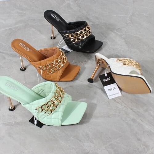 High-heeled sandals 2021 summer new stiletto metal chain decoration PU diamond material fashion party slippers 9.5CM