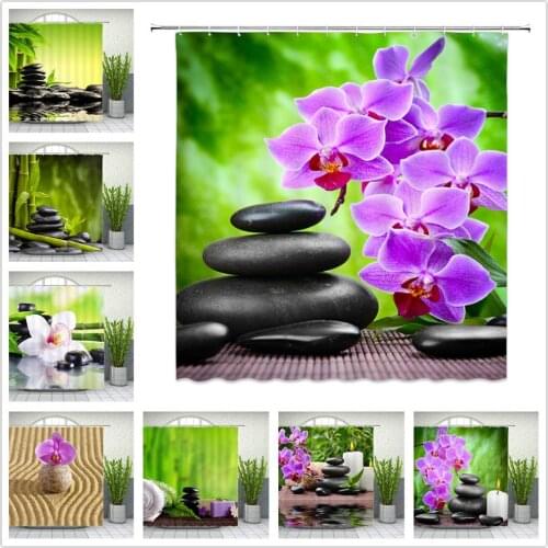 Zen Shower Curtains Flowers Green Bamboo Plant Black Stones Scenery Bathroom Decor Waterproof Polyester Cloth Hanging Curtain