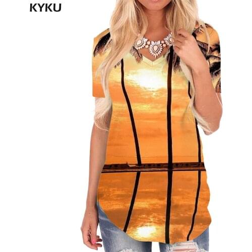 KYKU Landscape T-shirt women Hawaii T-shirts 3d Coconut Tree V-neck Tshirt Sunset Glow Tshirts Printed Womens Clothing Punk Rock