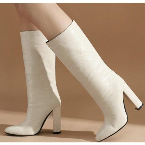 2021 Women Chunky Knee High Boots Faux Leather High Quality Ladies Calf Boots Square High Heel Round Toe Womens Boots Big Size
