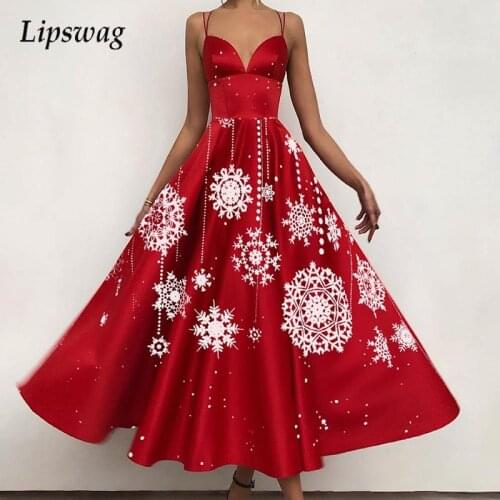 Women Elegant Christmas Print Sling Dress Sexy Off Shoulder Backless Party Dress 2021 Autumn Ladies Casual Hollow Out Maxi Dress