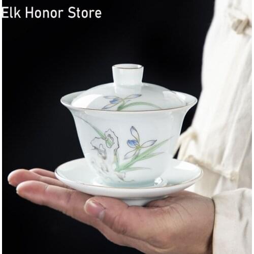 180ml Hand Painted Blue And White Porcelain Gaiwan Tea Tureen Chinese Ceramic Tea Bowl Set Covered Bowl With Lid Cup Saucer Mugs