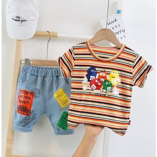 2021 Summer Kids Toddler Boys Clothes Sets Baby Girls Cartoon Printed Cotton T-Shirt+Denim Shorts 2pc Child Outfits Clothing