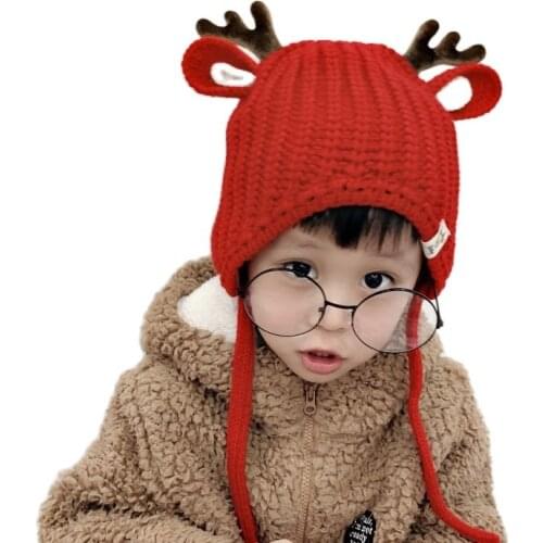 Doitbest 2 to 6 years old Baby girl Beanies Cartoon Small antlers Winter Child knit hat kids girls Earflap Caps