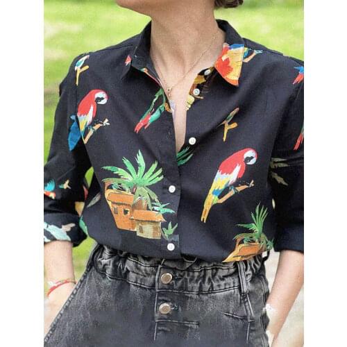 Elegant Shirt Chemise À Manches Longues Black Jungle Print Col Classique Retro Boutonnage Coupe Droite Devant Chemise Hauts