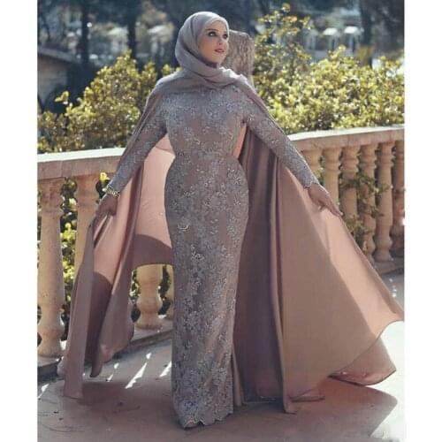 Elegant Mermaid Muslim Evening Dresses with Cape High Neck Long Sleeve Appliques Saudi Arabia Formal Gown Long Prom Dress 2019