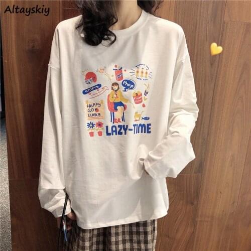 T-shirts Women All-match Casual Round Neck Full Sleeve Loose Cozy Ulzzang Korean Style Spring College Trendy Mujer De Moda New