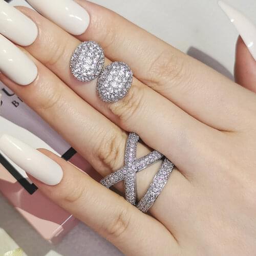 2pcs Pack 925 Sterling Silver Jewelry set halo Engagement ring round stud earring for Wedding gift J6305