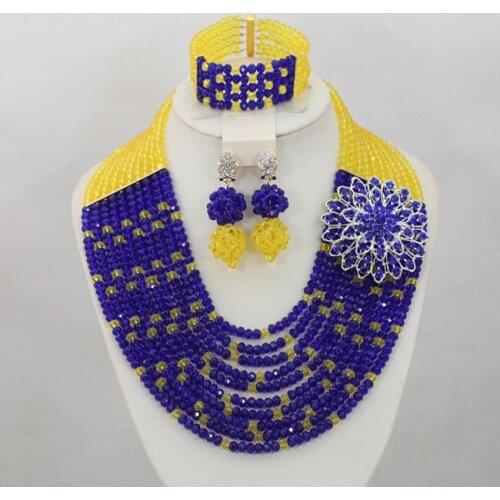 Nigerian Wedding African Beads Jewelry Set Bridal Necklace Set Royal Blue/Yellow Crystal Beads Jewelry Set Free Shipping ANJ062