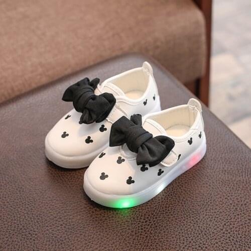 Kids Baby Infant Girls Mickey print Bowknot LED Luminous Shoes Sneakers Butterfly knot cute casual wear Little white shoeSH19045
