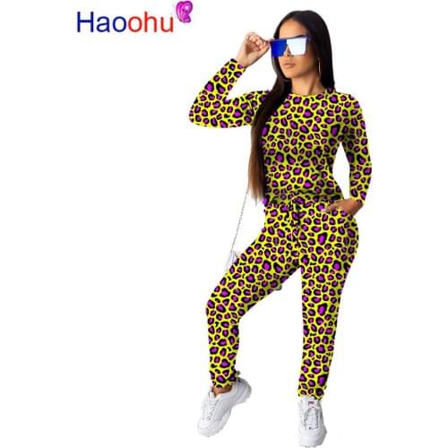 Leopard Print Two Piece Set Long Sleeve Top+Lace Up Pants Suit Streetwear Women Clothing Fall 2019 Casual 2 Piece Outfit