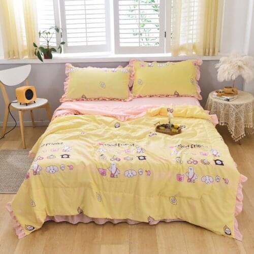 Ruffles Quilting Printed Summer Quilt Air-conditioning Comforter Quilted Blanket Washed Cotton Quilt Bed Cover for Kids Adult