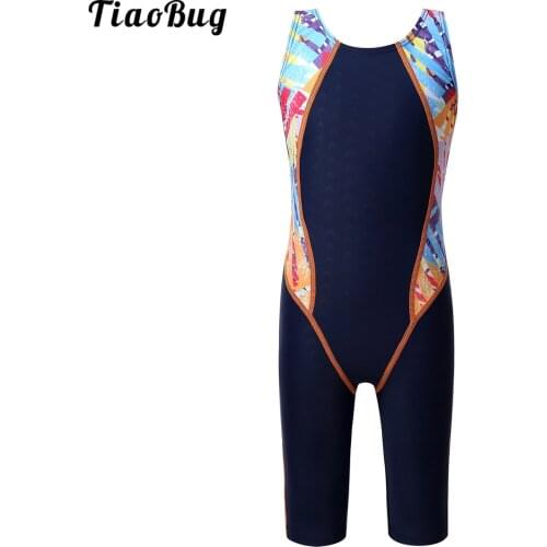 TiaoBug Summer Kids Girls Splice Athletic Competitive One-Piece Knee Length Racerback Swimsuits Swimwear Bathing Suit