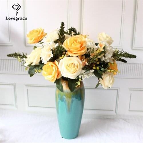 Lovegrace Artificial Flower Fake Silk Roses Bouquet Artificial Hydrangea Flower for Wedding Party Garden Home Decoration Flowers