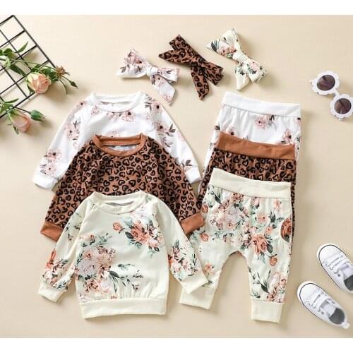 0-24M Cute Newborn Baby Girl Floral Clothing Set Long Sleeve Pullover Tops Long Pant Headband Spring Autumn Clothes