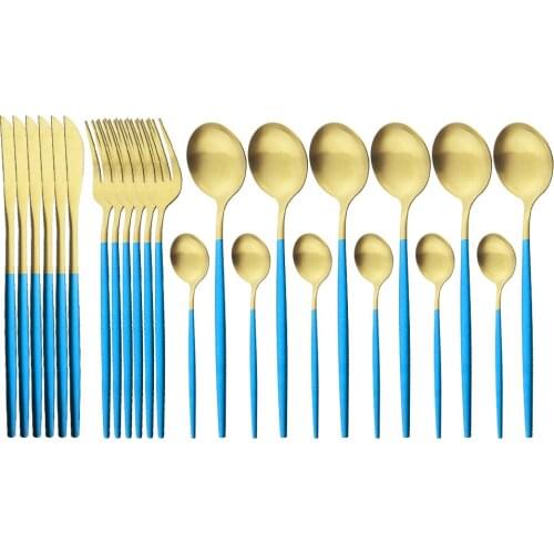 Matte Blue Gold Dinnerware Cutlery Set 24Pcs Fork Knife Spoon Stainless Steel Flatware Set Home Kitchen Tableware Set For Home
