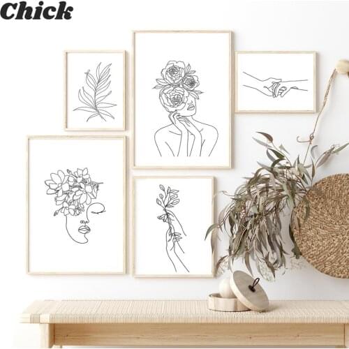 Wall Art Line Drawing Girl Print Minimalist Simple Fashion Poster Women Flower Leaf Body Sketch Black White Canvas Painting