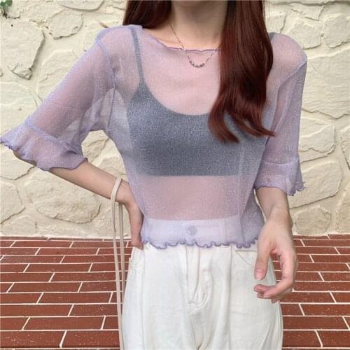 Girls Transparent Mesh T-Shirts Tees Female Half Flare Sleeve Stretchable TShirt Crop Tops For Women Real Photos