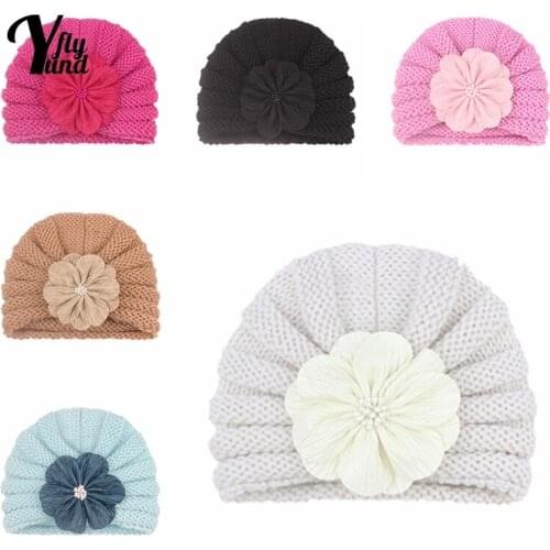 Yundfly Autumn and Winter Fashion Warm Knitting Wool Caps Cute Artificial Flowers Baby Girl Hat Floral Headwear Hair Accessories