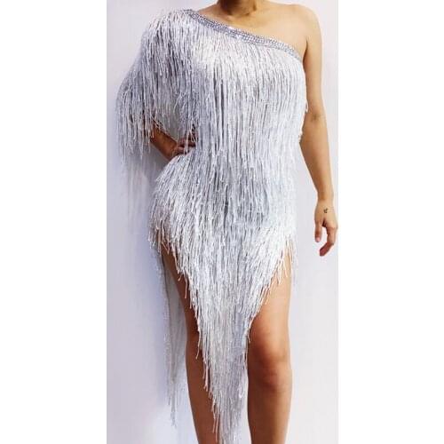 Sexy White Tassel Single Shoulder Dress Evening Party Rhinestones Fringes Latin Dance Dress Birthday Celebrate White Dress