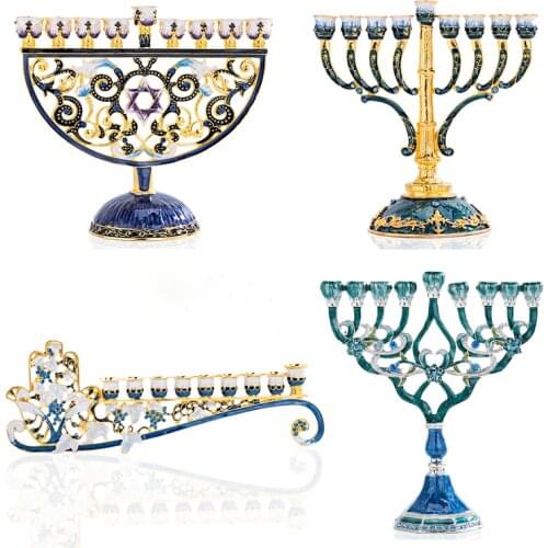 4 Styles Hand Painted Enamel Floral Hanukkah Menorah Candlestick 9 Branch Candelabra Embellished with Crystals Home Decor