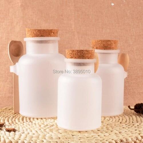 Empty PP white Plastic Bath Salt Comestic Powder Bottle Jar Pot with Wooden Cork Spoon Bath Salt Bottle F366