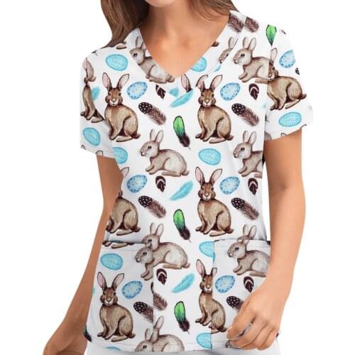 Working Nurse Uniform Tops Cartoon Animal Printing Summer V-neck Short Sleeve Easter Nursing Blouse for Women Mukoti Yunifomu