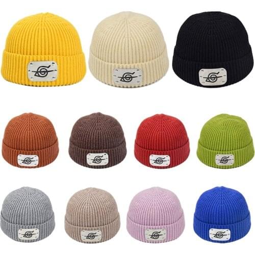 Japanese Style Women Men Ribbed Knitted Beanie Hat Anime Logo Metal Plate Solid Color Hip Hop Stretch Cuffed Skullies Ear