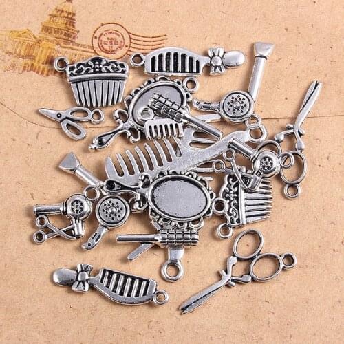 20Pcs Tibetan Silver Charms Scissors/Hair Dryer/Comb/Mirror/ Curlers Charm Pendant For Unisex DIY Necklace Jewelry Accessories