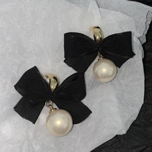 Lifefontier Vintage Elegant Bowknot Pearl Drop Earrings for Women Black White Fabric Bow Dangle Earrings Korean Fashion Jewelry