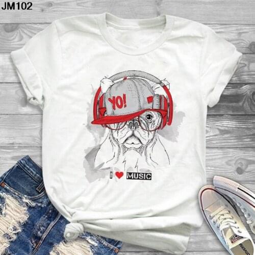 Funny dog loves to listen to music Print ladies T-shirt Harajuku Women white top T shirt Summer fashion Short sleeve Female Tees