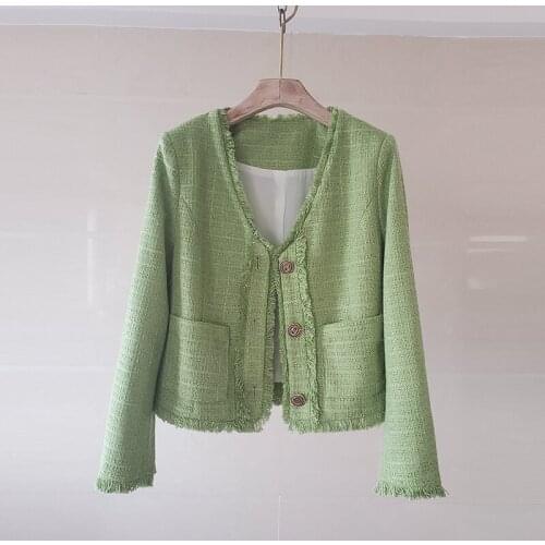 2021 New V Neck Autumn Tweed Jackets Coat Women Long Sleeve Casual Woolen Coats Tassel Single Breasted Pockets Outwear Plaid