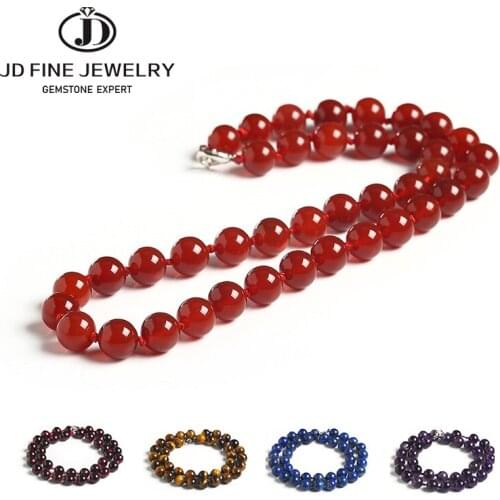 JD 10mm/12mm Red Agate Tiger Eyes Stone Plus Beads Choker Necklace Handmade Colorful Smooth Round Stone Jewelry About 17"-20"