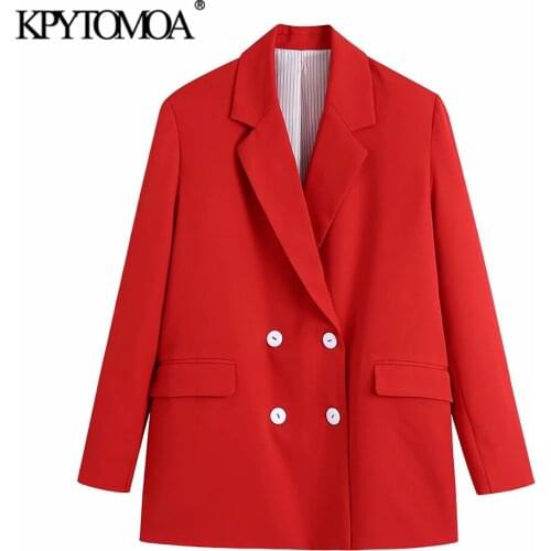KPYTOMOA Women 2021 Fashion Oversized Double Breasted Blazer Coat Vintage Long Sleeve Flap Pockets Female Outerwear Chic Tops