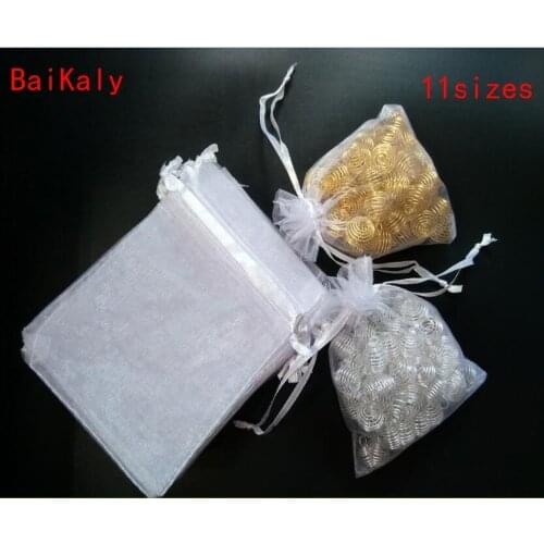 100pcs Drawstring White Organza Bag Favors Wedding Party Christmas Gift Bags with handles Jewelry Packaging Bags Pouch Yarn bag