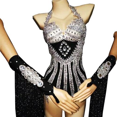 Shining Rhinestones Neck-Mounted Bodysuits Sleeveless Halter Shining Sequins Bodysuit Fringe Decoration Gloves Stage Wear Lady