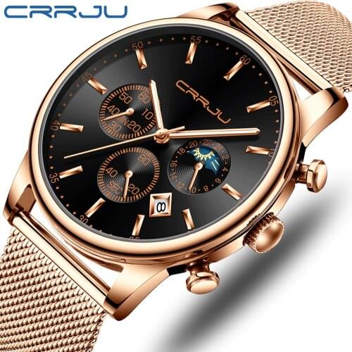 CRRJU Men Rose Gold Men Watch Elegant Business Chronograph Mesh Strap Wristwatch Casual Calendar Clock with Moon Phase